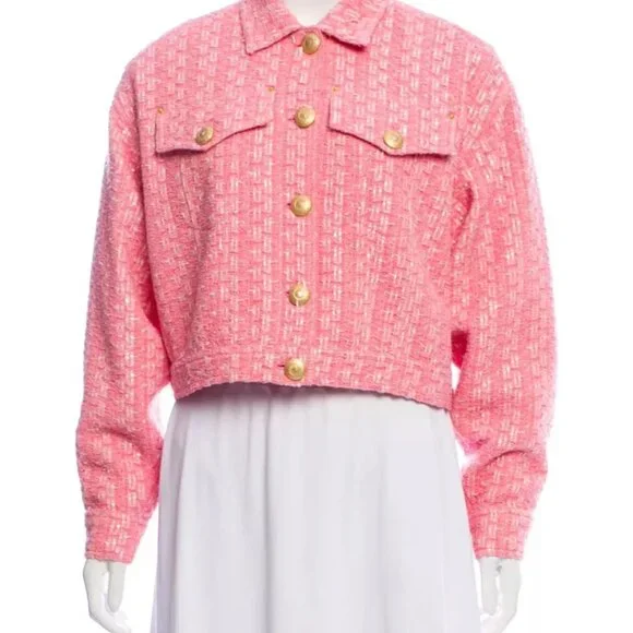 MOSCHINO COUTURE RAFFIA BOUCLE PINK TWEED JACKET SKIRT SET 2017 RUNWAY SZ 8